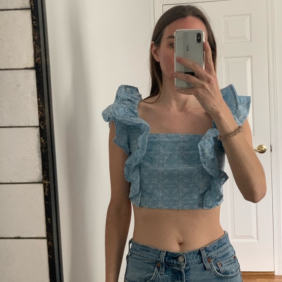 BCBG crop peasant top ruffle sleeves eyelet small XS - Picture 1 of 7